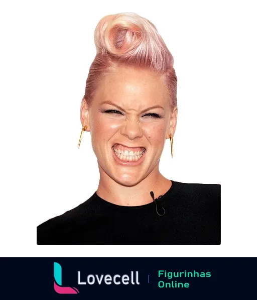 Figurinha da cantora Pink sorrindo com cabelo rosa e penteado elegante, expressando energia contagiante com fundo neutro