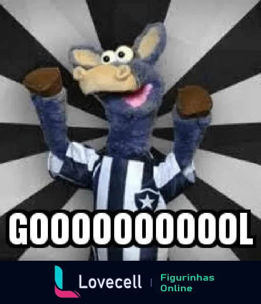 Mascote do Botafogo em forma de girafa comemorando um gol com braços levantados, vestindo uniforme do time, fundo preto e branco e a palavra 'GOOOOOOOOOL'