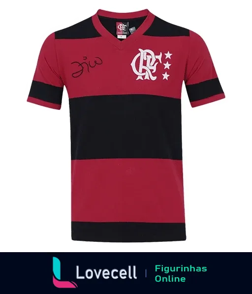 Camisa do Flamengo autografada por Zico em vermelho e preto, com logo do clube e estrelas ao lado direito, design clássico com gola em V