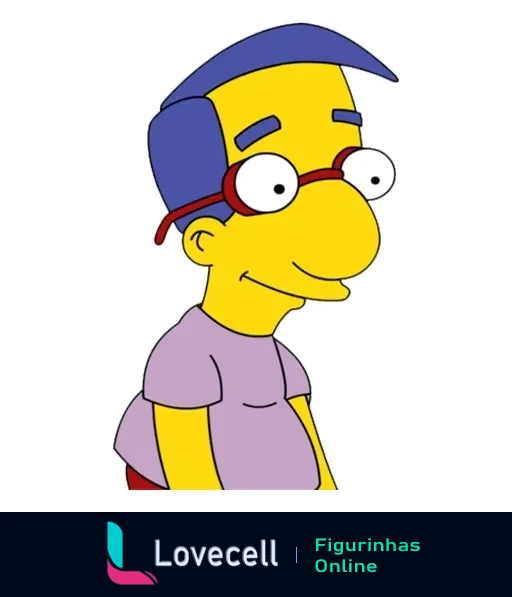 Figurinha do Milhouse Van Houten de Os Simpsons, com camisa roxa, óculos vermelhos e boné azul, olhar amigável