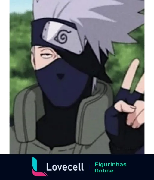 Figurinha de Kakashi Hatake do anime Naruto fazendo um sinal com o dedo indicador, vestido com seu traje ninja e rosto coberto por máscara