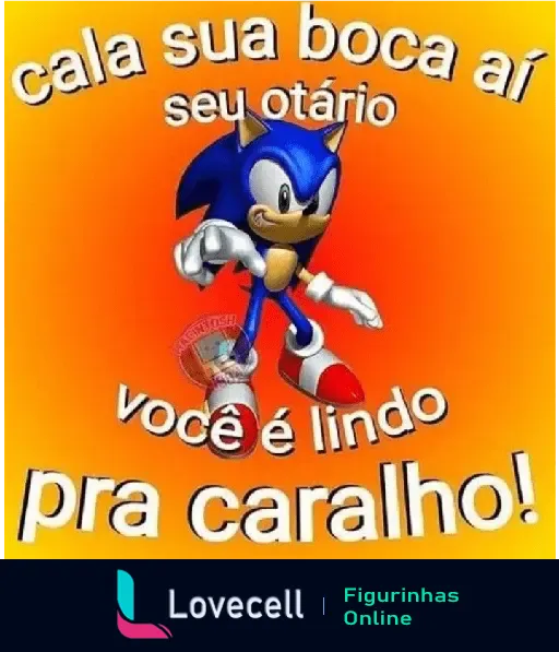 Figura animada do personagem azul Sonic com a frase 'cala sua boca aí seu otário, você é lindo pra caralho' sobre um fundo laranja.