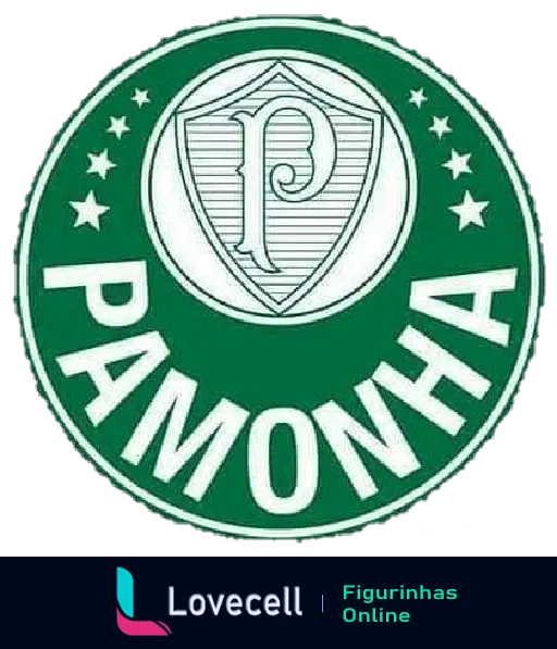 Figurinha com logotipo estilizado 'PAMONHA' em formato de emblema de clube de futebol com escudo central contendo a letra 'P', usado em memes para provocar o time Palmeiras