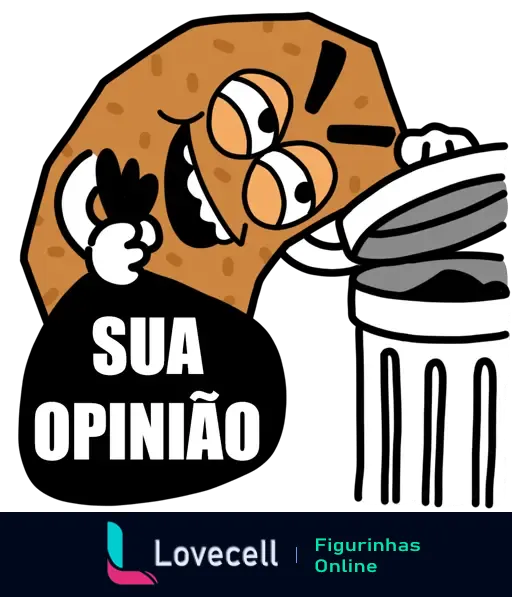 Figurinha de batata jogando sua opinião no lixo. Para expressar desdém por uma opinião indesejada. Perfeita para conversas no WhatsApp.