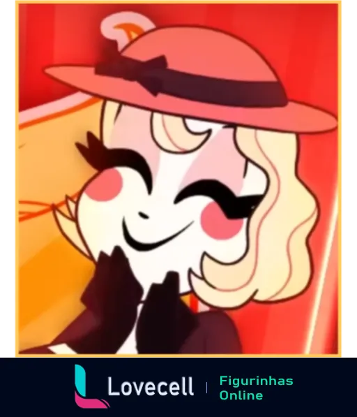 Cartoon de personagem sorridente do Hazbin Hotel com chapéu laranja e cabelo loiro exibindo um sorriso carismático.