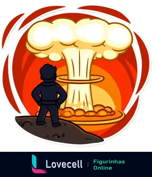 Ilustração do Fallout Vault Boy observando uma explosão nuclear, representando uma cena apocalíptica com uma grande nuvem em forma de cogumelo.