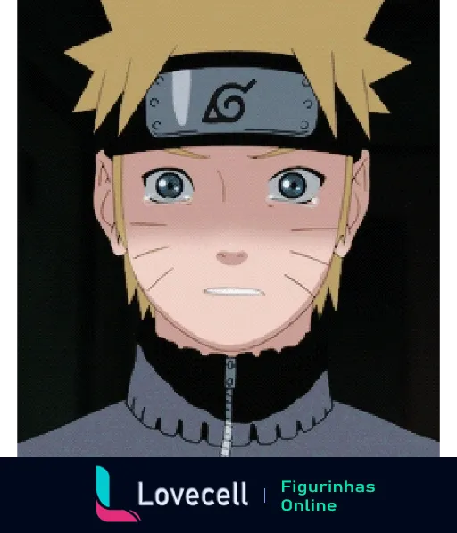 Figurinha do Naruto Uzumaki surpreso vestindo uniforme ninja preto e bandana de Konoha