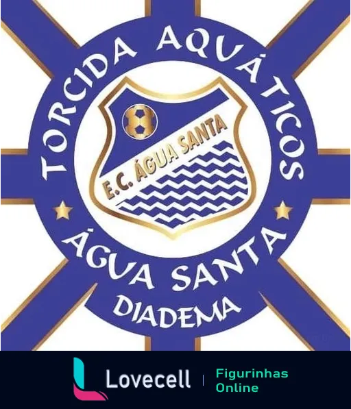 Figurinha do escudo do Esporte Clube Água Santa de Diadema com estrela azul de oito pontas, campo de futebol, bola e ondas representando água, e inscrição 'Torcida Aqua Ticos Água Santa Diadema'