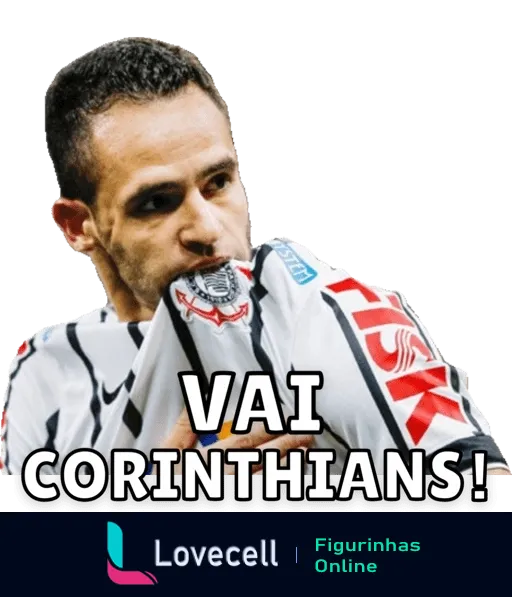 Figurinha de jogador do Corinthians beijando o escudo da camisa branca e preta, com o texto 'Vai Corinthians!' destacado