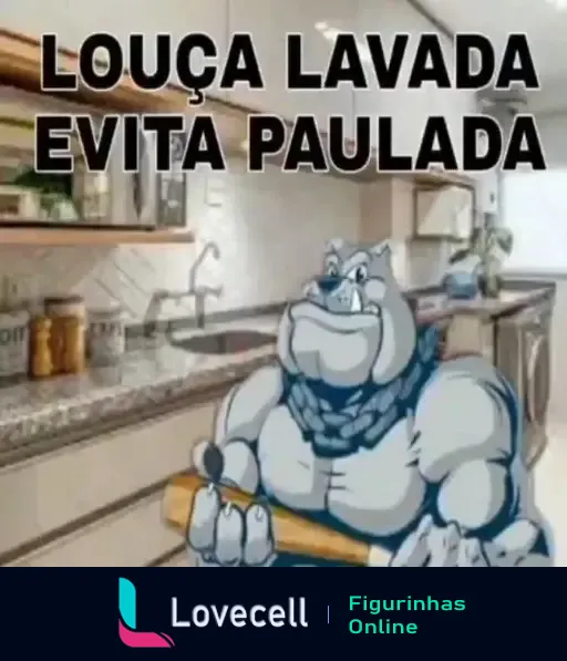 Imagem de uma cozinha com balcão e pia, texto na parte superior: 'LOUÇA LAVADA EVITA PAULADA'. Personagem musculoso segurando um rolo de massa.