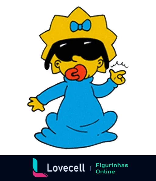 Maggie Simpson com óculos escuros e laço azul, apontando com expressão desconfiada e estilo, chupando chupeta