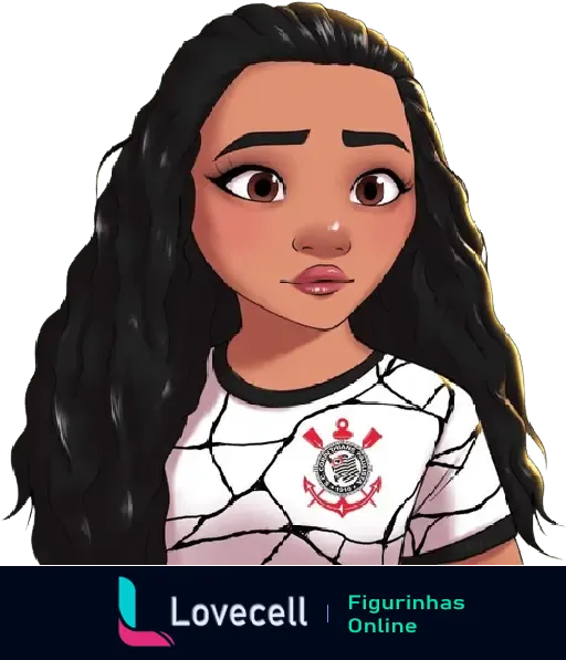 Figurinha de uma personagem animada com cabelo longo e ondulado vestindo uma camisa do Corinthians com o emblema do time.