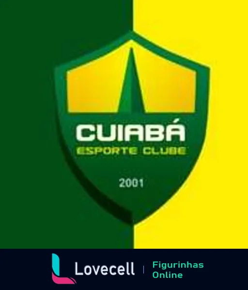 Figurinha do escudo do Cuiabá Esporte Clube com cores verde e amarelo, incluindo o nome do clube e o ano de fundação 2001 no centro do design