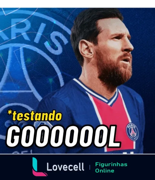 Lionel Messi comemorando gol, vestindo uniforme do PSG, com texto 'GOOOOOOL' em fundo dinâmico azul