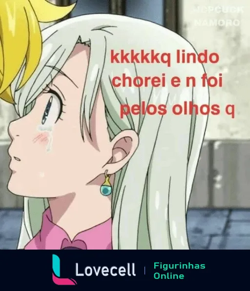 Cenas de animação com personagens expressando emoções. Texto em destaque: 'kkkkkq lindo chorei e n foi pelos olhos q'.