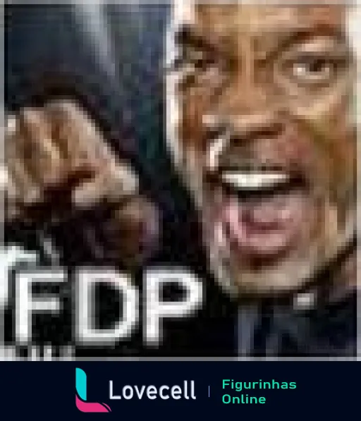 Imagem de uma figura expressiva de um homem sorrindo e levantando o punho, com o texto 'FDP' ao lado. Representa emoção intensa.