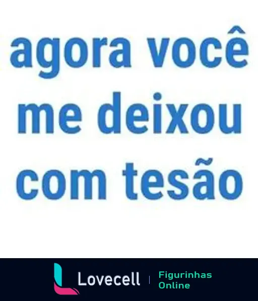 Figurinha com fundo branco e texto em azul: 'agora você me deixou com tesão'. Relacionada a situações de humor ou descontentamento.