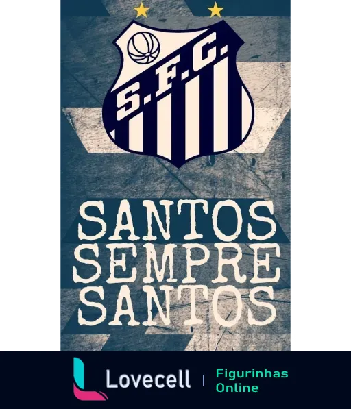 Figurinha do WhatsApp com escudo do Santos Futebol Clube, listras pretas e brancas, bola de futebol, duas estrelas douradas, fundo azul e cinza texturizado, frase 'SANTOS SEMPRE SANTOS' em letras grandes