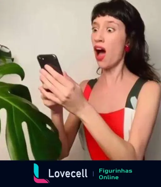 Tina surpresa olhando para o celular, usando vestido vermelho e ao lado de uma planta verde