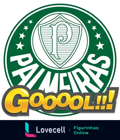 Escudo do Palmeiras em verde e branco com a palavra 'Goooooool!!!' acima, celebrando um gol do time, em cores vibrantes e design dinâmico