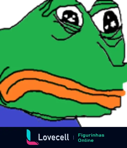 Figurinha de um sapo triste conhecido como Pepe, amplamente utilizado em memes. Expressa tristeza e desânimo, popular entre nerds.