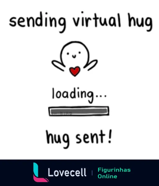 Figurinha com personagem sorridente dando um abraço virtual, texto 'sending virtual hug' e barra de progresso indicando 'loading... hug sent!'