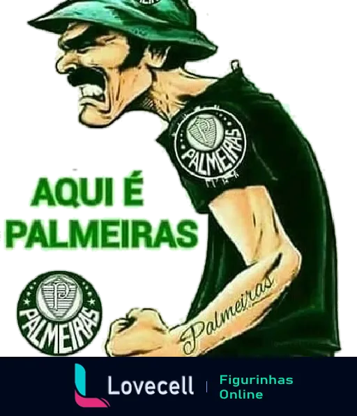 Caricatura masculina entusiasmada vestindo camiseta e gorro do Palmeiras gritando 'AQUI É PALMEIRAS' com logo do clube ao fundo