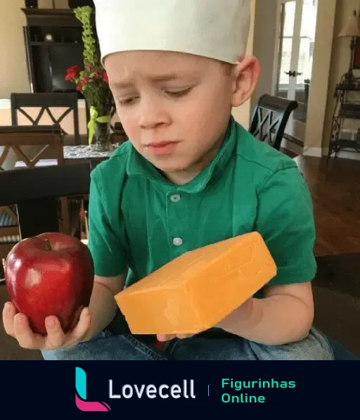 Gavin criança com chapéu de chef olhando confuso para uma maçã em uma mão e um queijo na outra.