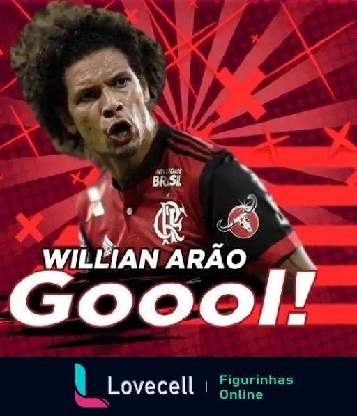 Willian Arão celebrando gol pelo Flamengo, com fundo vermelho e detalhes geométricos, texto 'Gooool!' destacado