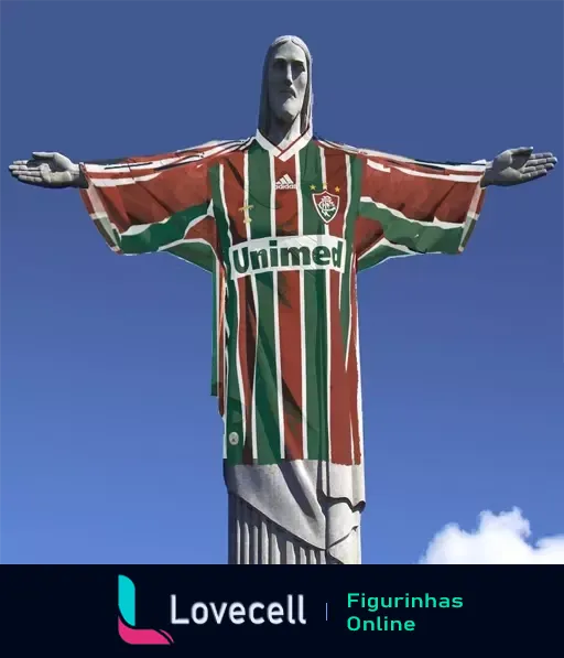 Figurinha do Cristo Redentor com a camisa do Fluminense, nas cores verde, branco e grená, com patrocínio da Unimed