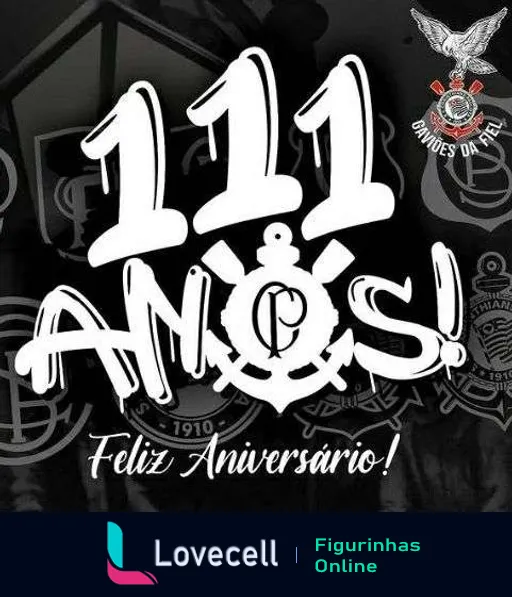 Figurinha de aniversário de 111 anos do Corinthians com '111' em destaque, coroa, logotipo do time e mensagem 'Feliz Aniversário'