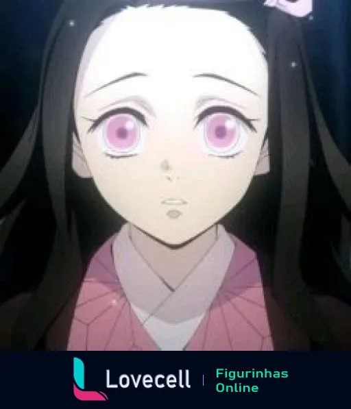 Figurinha da personagem Kamado Nezuko, de olhos rosa e expressão de surpresa, destacando sua beleza em um momento de admiração.