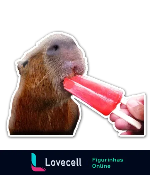 Capivara adorável lambendo um picolé de morango vermelho, uma cena divertida e refrescante para stickers e figurinhas.