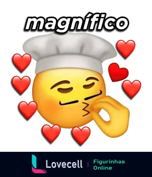 Emoji de chef com chapéu branco e gesto com a mão indicando algo delicioso, cercado de corações vermelhos, com a palavra 'magnífico'.