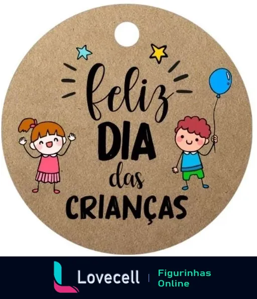 Figurinha do Dia das Crianças com uma menina de vestido rosa segurando balão e um menino de camiseta azul cercados por estrelas e decorações coloridas