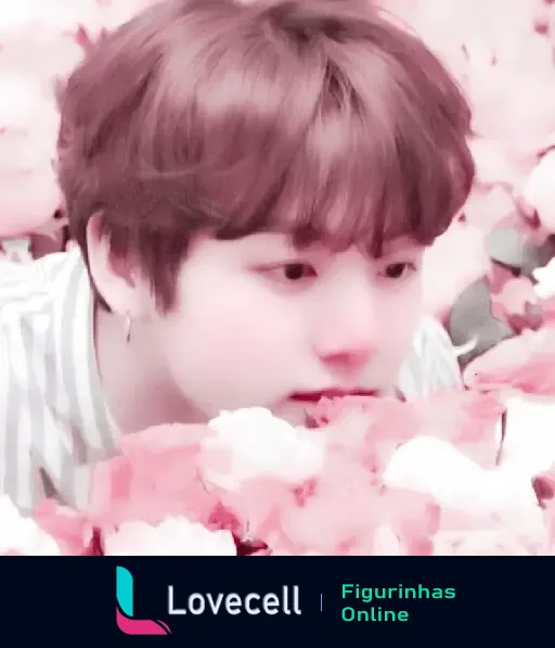 Figurinha Jungkook Soft, com expressões suaves e delicadas entre flores, criando uma atmosfera calma e encantadora.