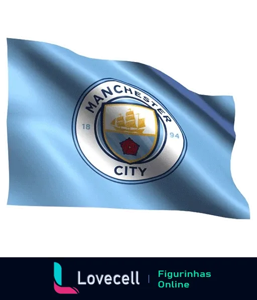 Bandeira esvoaçante do Manchester City com emblema central mostrando uma coroa, um navio e uma rosa vermelha, símbolos do clube e da cidade de Manchester desde 1894