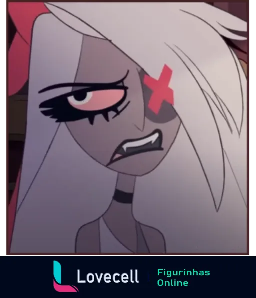 Personagem de Hazbin Hotel com cabelo branco, olhos rosados e um X vermelho sobre um dos olhos, exibindo uma expressão de irritação.