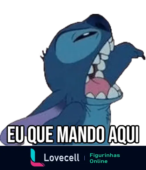 Figurinha de Lilo e Stitch com o personagem Stitch mostrando os dentes e a frase 'Eu que mando aqui'.