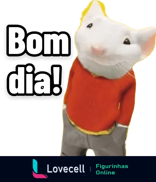 Figura de um ratinho com suéter vermelho dizendo 'Bom dia!' - perfeito para começar o dia com alegria e simpatia.