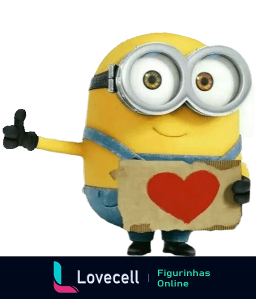 Minion sorridente segurando um cartão com coração vermelho, expressando amor e alegria