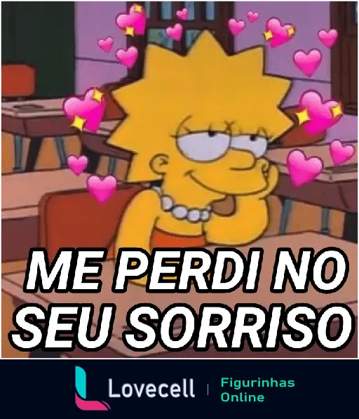 Gif animado de Lisa Simpson apaixonada com a frase 'Me perdi no seu sorriso', cercada por corações rosas flutuantes, em uma sala de aula.