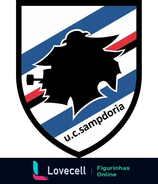 Escudo do U.C. Sampdoria com um motivo de silhueta negra de um homem com cachimbo, fundo listrado em azul, branco e vermelho. Representa tradição e cores do clube italiano.