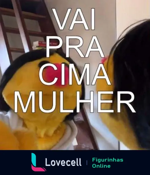 Figurinha de um pássaro de desenho animado falando 'Vai Pra Cima Mulher' para uma mulher, expressando motivação