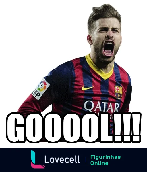 Jogador do Barcelona comemorando gol, vestindo camisa azul e grená com patrocínio da Qatar Airways, texto 'GOOOOOL!!!' acima dele