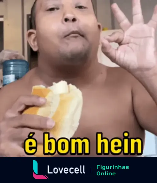 Homem comendo e mostrando que a comida é boa - Meme engraçado 'é bom hein'