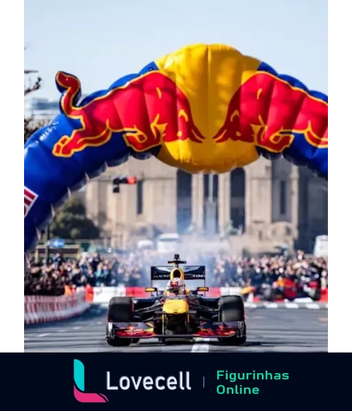 Carro de Fórmula 1 da Red Bull Racing acelerando sob arco inflável com logos Red Bull, deixando trilha de fumaça enquanto espectadores observam ao ar livre