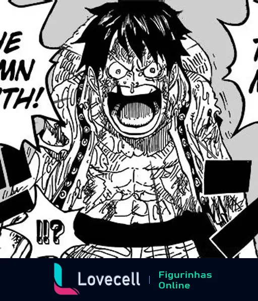 Luffy, do anime One Piece, grita furiosamente 'YOU DAMN DEATH!', com expressão intensa e corpo marcado, transmitindo emoção extrema.