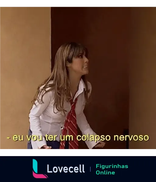 Imagem de uma personagem de RBD com uniforme escolar, aparentemente estressada, com a legenda 'eu vou ter um colapso nervoso'.