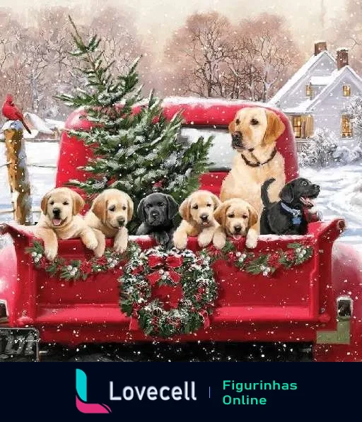 Celebração Natalina com Cachorros - Labrador adulto e cinco filhotes na caçamba de caminhão vermelho decorado para o Natal, com cenário de neve e casa ao fundo